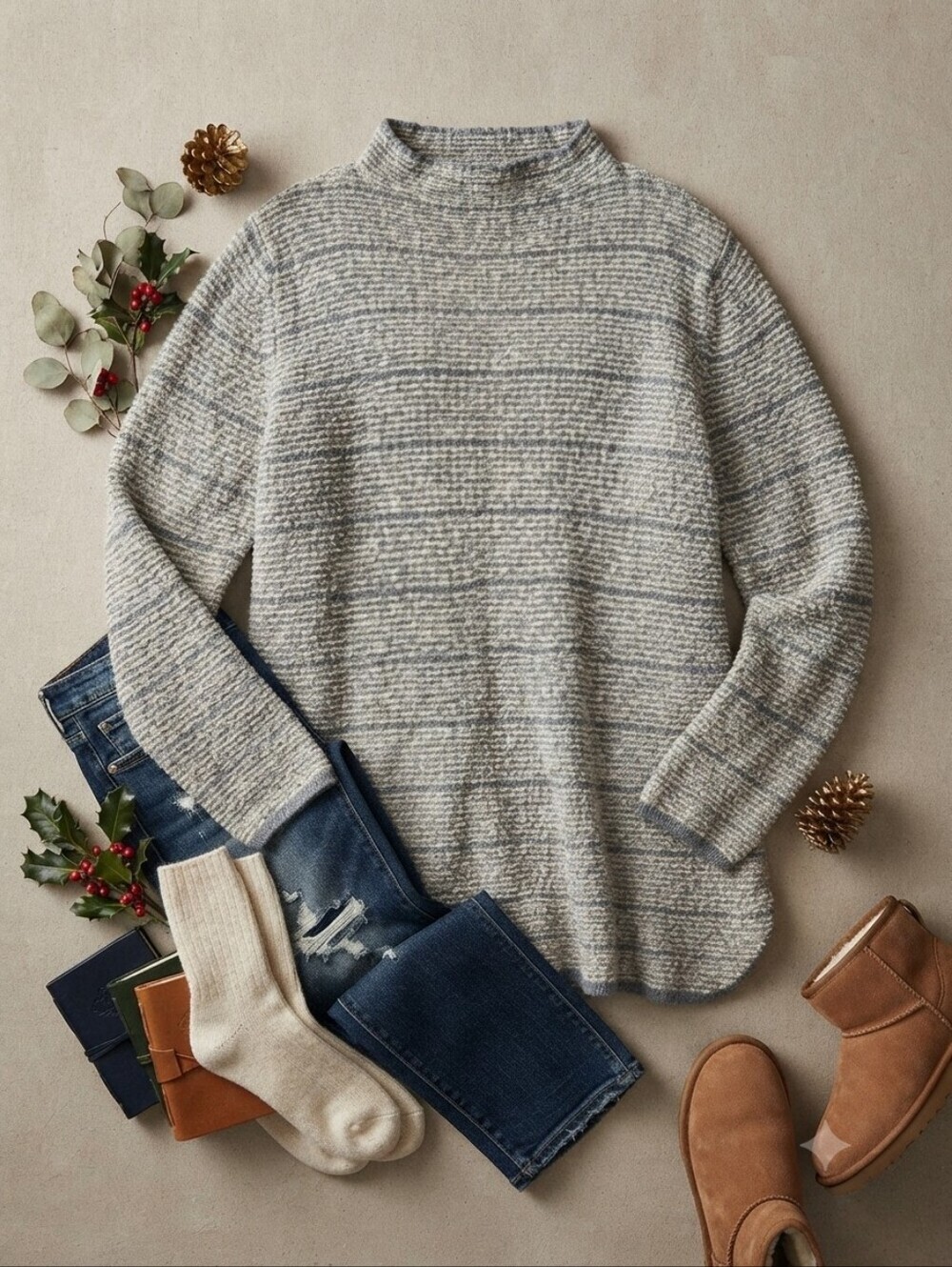 LOGO Lori Goldstein Tan Gray Stripe Textured Mock Neck Knit Sweater